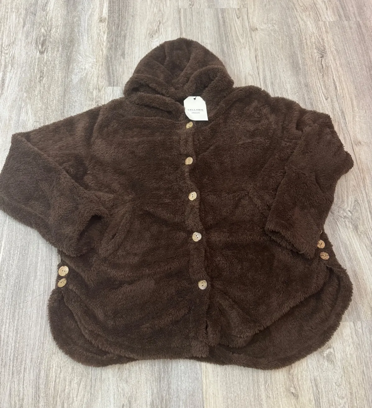 CELLABIE Women's Brown Fuzzy Hooded Cardigan Button Front Size L Size L - Image 1