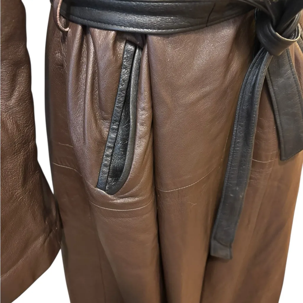VTG Leathers By New England Belted Trench Coat Sz 16 Chocolate Brown Black Lined - Image 4
