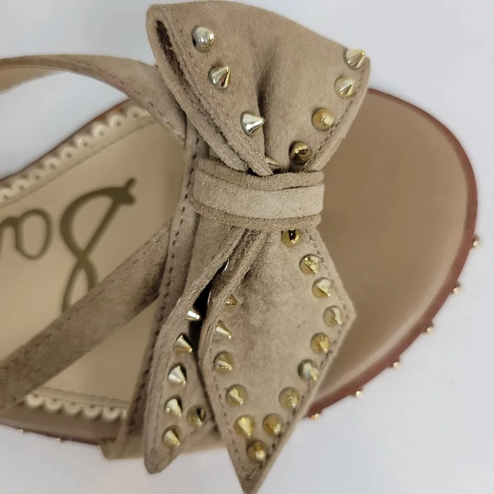 Sam Edelman Womens Sandals Size 6 Tan Dariel Bow Suede Studded Slip On Flats - Image 2