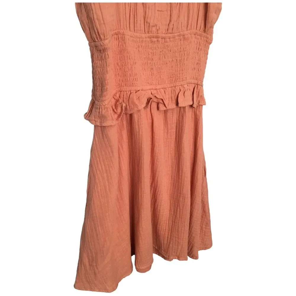 Socialite Smocked Waist Ruffle Strap Sleeveless Cotton Mini Dress Coral S - Image 11