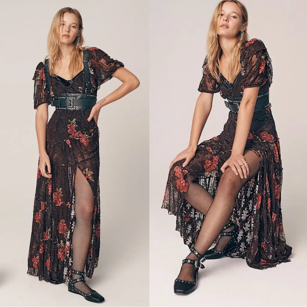 Free People • Hollis Dress maxi brown floral lace mesh Coca Cola tiered ruffle - Image 8