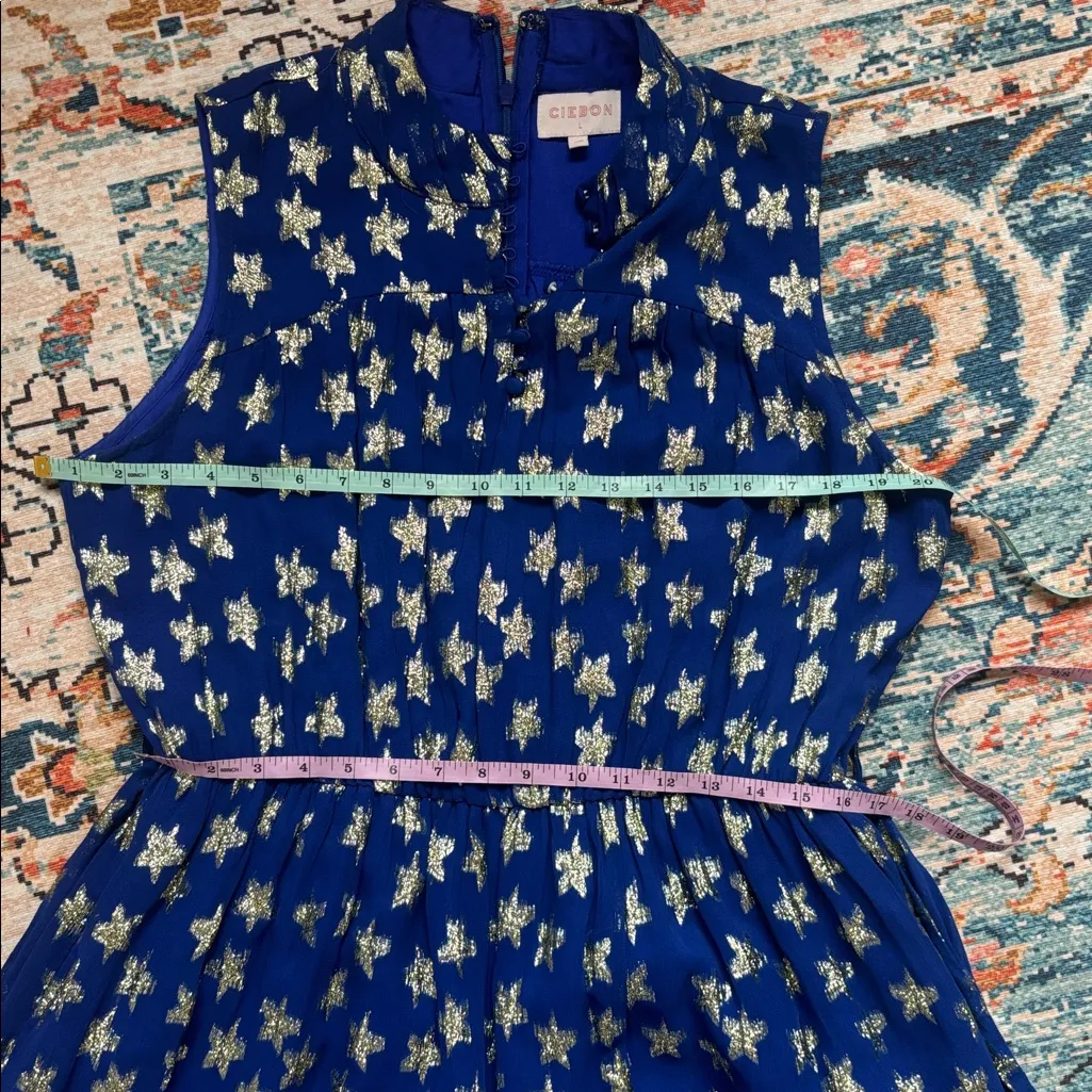 CIEBON Tara Star Metallic Sleeveless Midi Dress Blue Sz Large Formal Ruffles - Image 14