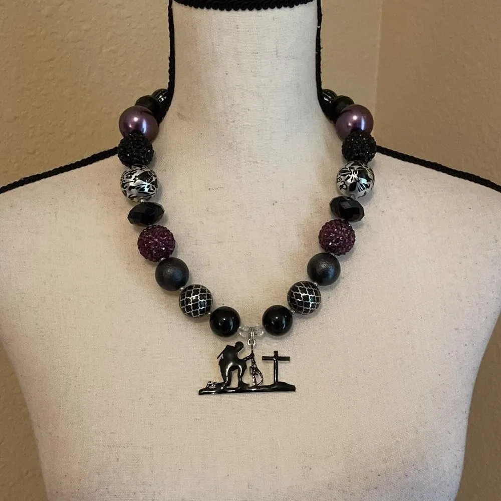 Statement Necklace - Purple / Black Bead - Military Solider Kneeling At Cross - Image 3