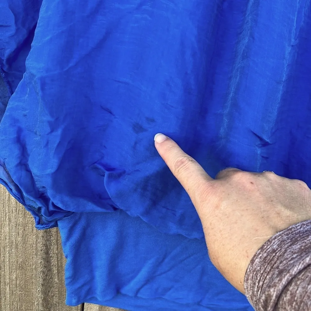 Imperfect silk top made in Italy blue flutter sleeve banded top Tina Stephens Size L - Image 7