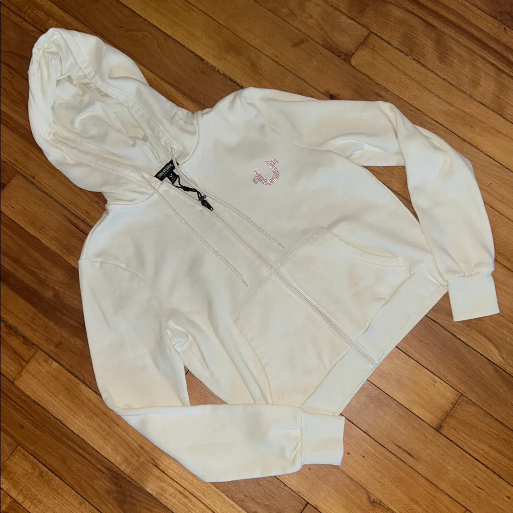 True Religion White and Pink Buddha Zip Up Hoodie - Image 2