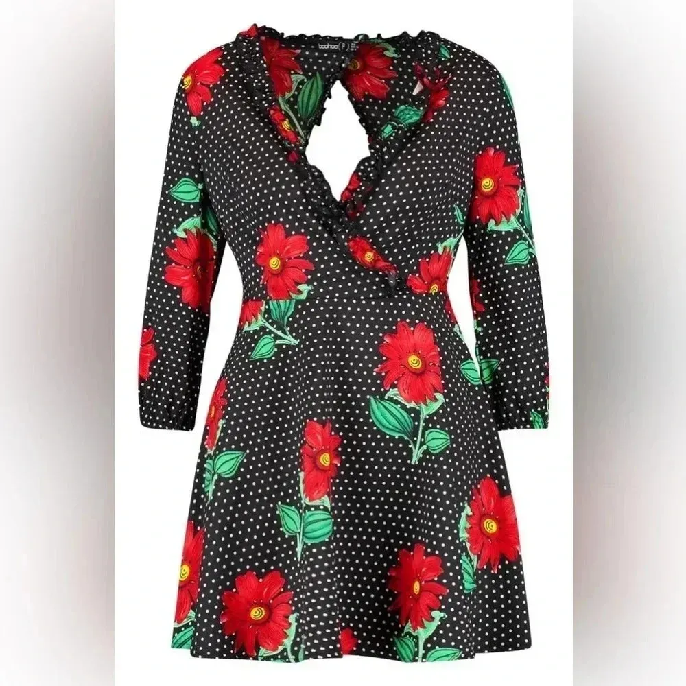 Boohoo Retro Pinup Rockabilly Polka Dot & Floral Ruffle Hem Dress Size 2 XS - Image 6