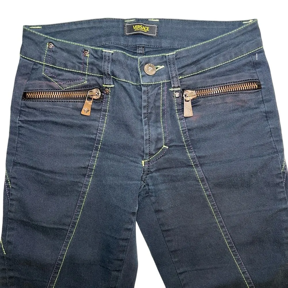 Versace Jeans Couture Vintage Wide Cuff Cropped Arrow Stitch Size 0 US (36 IT) Blue - Image 2