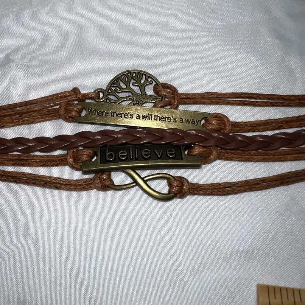 Multi‎ Strand Leather and Brass Tone Sayings Bracelet Brown - Image 3
