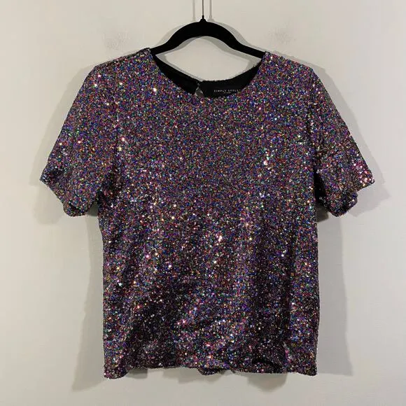 Simply Styled Women's Multicolor Sequins Short Sleeve Blouse Size M Concert - Image 1