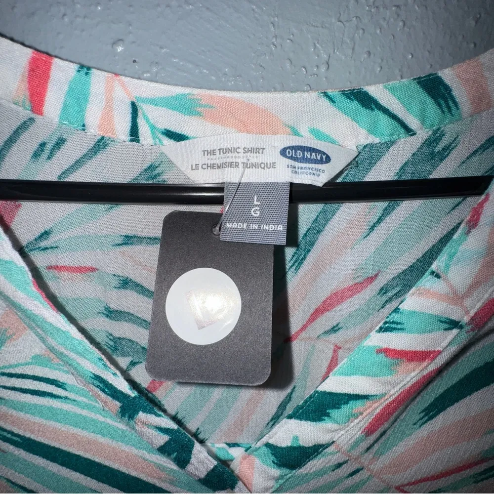 Old Navy Teal, Pink and White Blouse with Mandarin Collar - Image 2