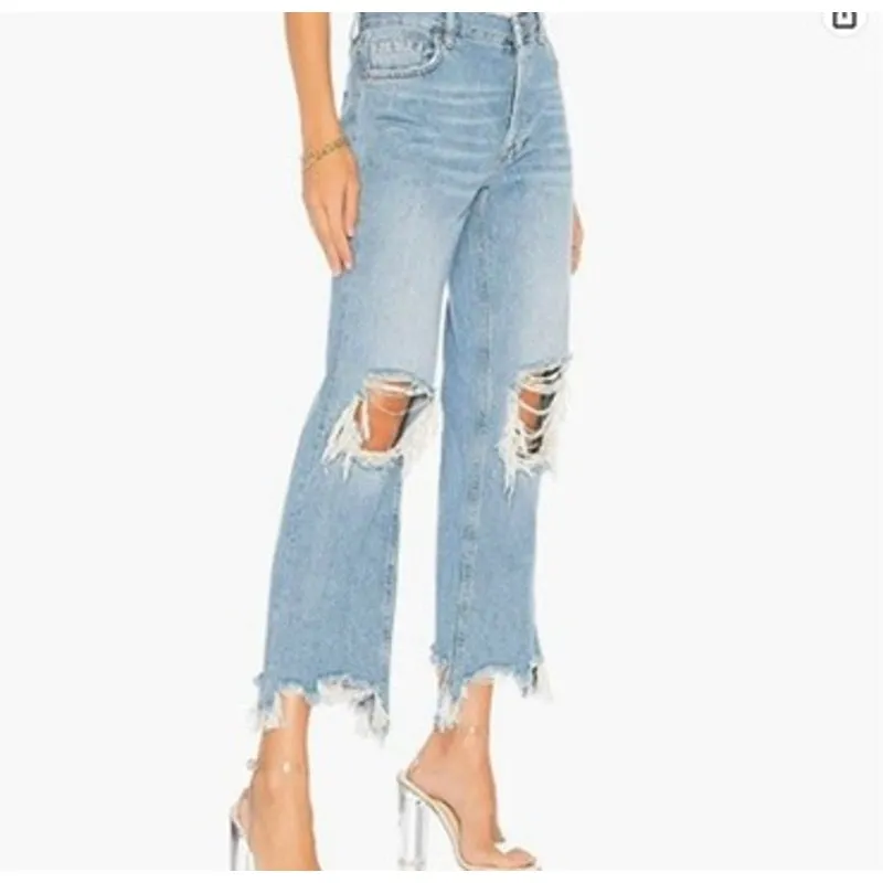 Free People We The Free Maggie Light Stone Straight Distressed Frayed Jeans - Image 5