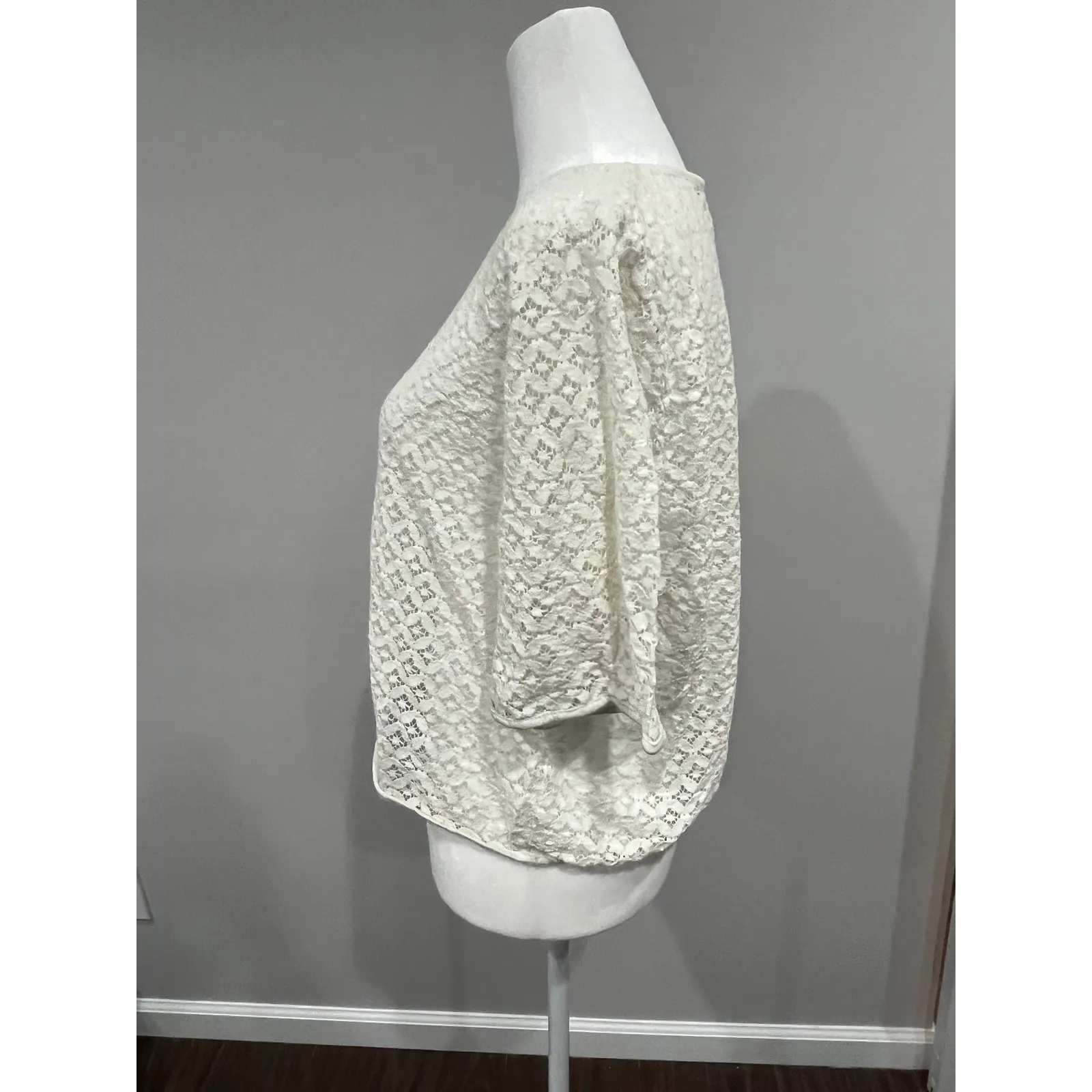 MNG Casualwear Women Ivory Lace Round Neck 3/4 Sleeve Top Size S/M White - Image 4