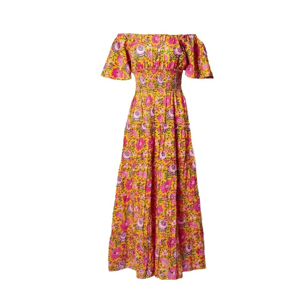 NWT PINK CITY PRINTS Spanish Rah Rah in 70s Jal Floral Cotton Midi Dress L Size L - Image 7