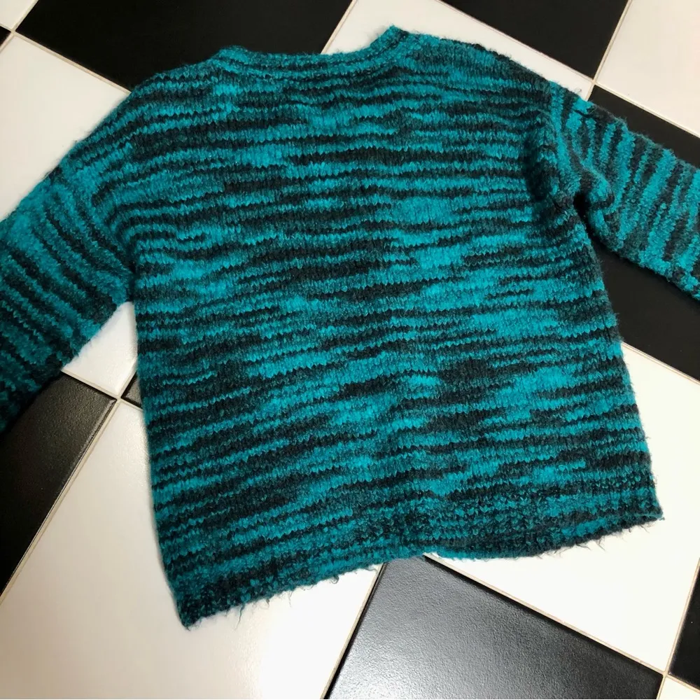 Chunky Open Cable Knit Crochet Sweater Teal Turquoise & Black Woven M - Image 11