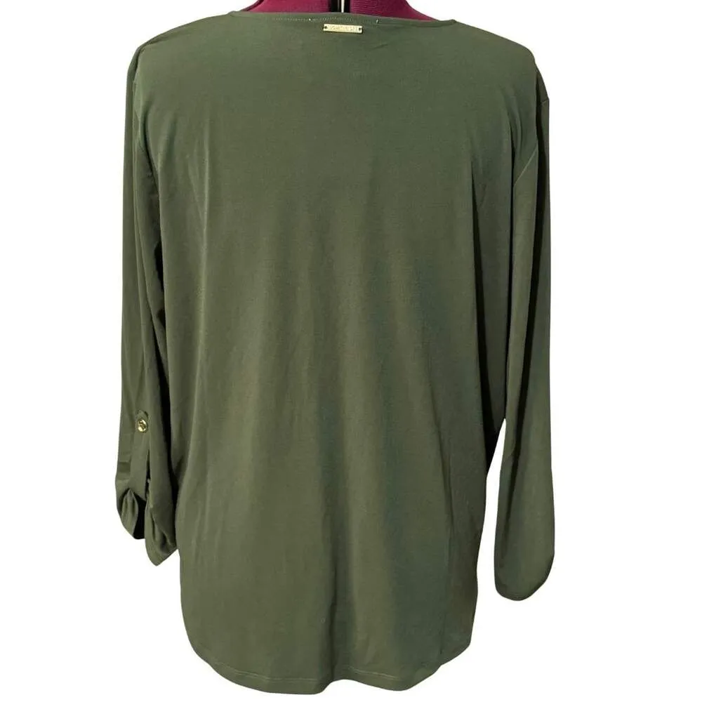 MICHAEL KORS Faux Wrap Cross Front 3/4 Sleeve Green Knit Top Gold Button NWT XL - Image 6