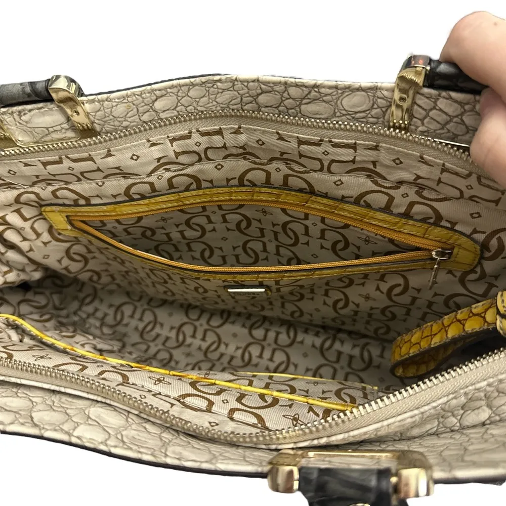 Guess Rhonda Croc Tote Bag Laptop Work Bag Ivory Gray And Mustard - Image 8