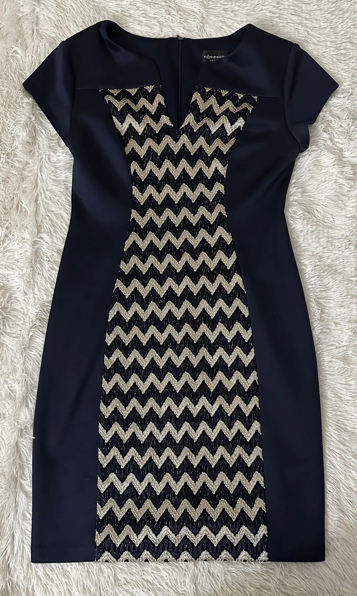 Navy Sheath Metallic Chevron Split Neck Dress - Image 9