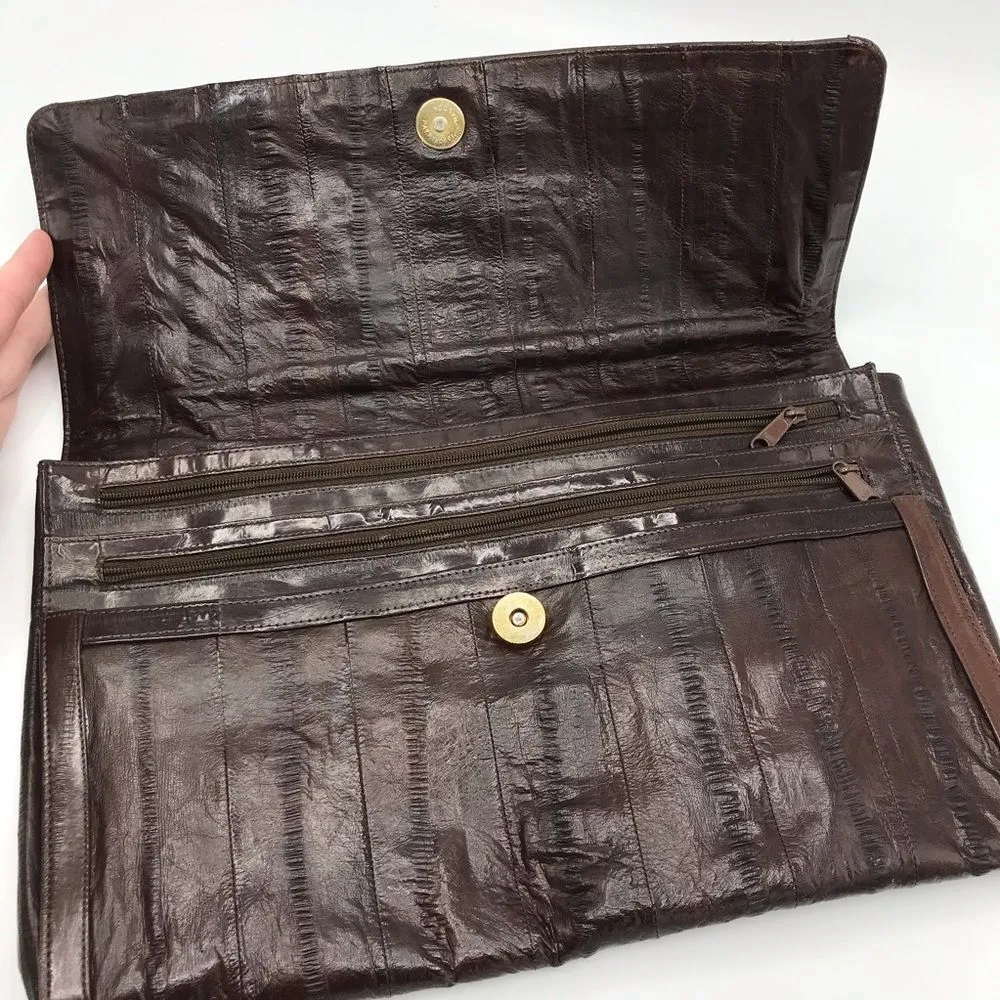 Vintage Brown Eelskin Large Envelope Clutch 70s 80s Eel Skin - Image 5