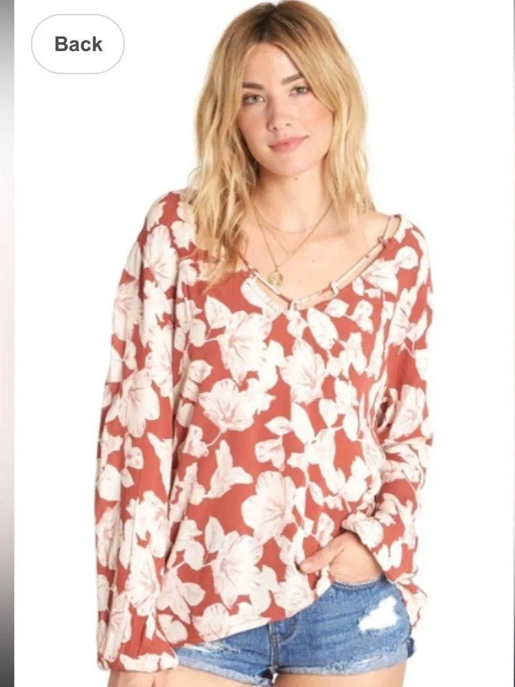 Billabong Red Pink Floral Winding Roads Sienna Long Sleeve Blouse - Image 2