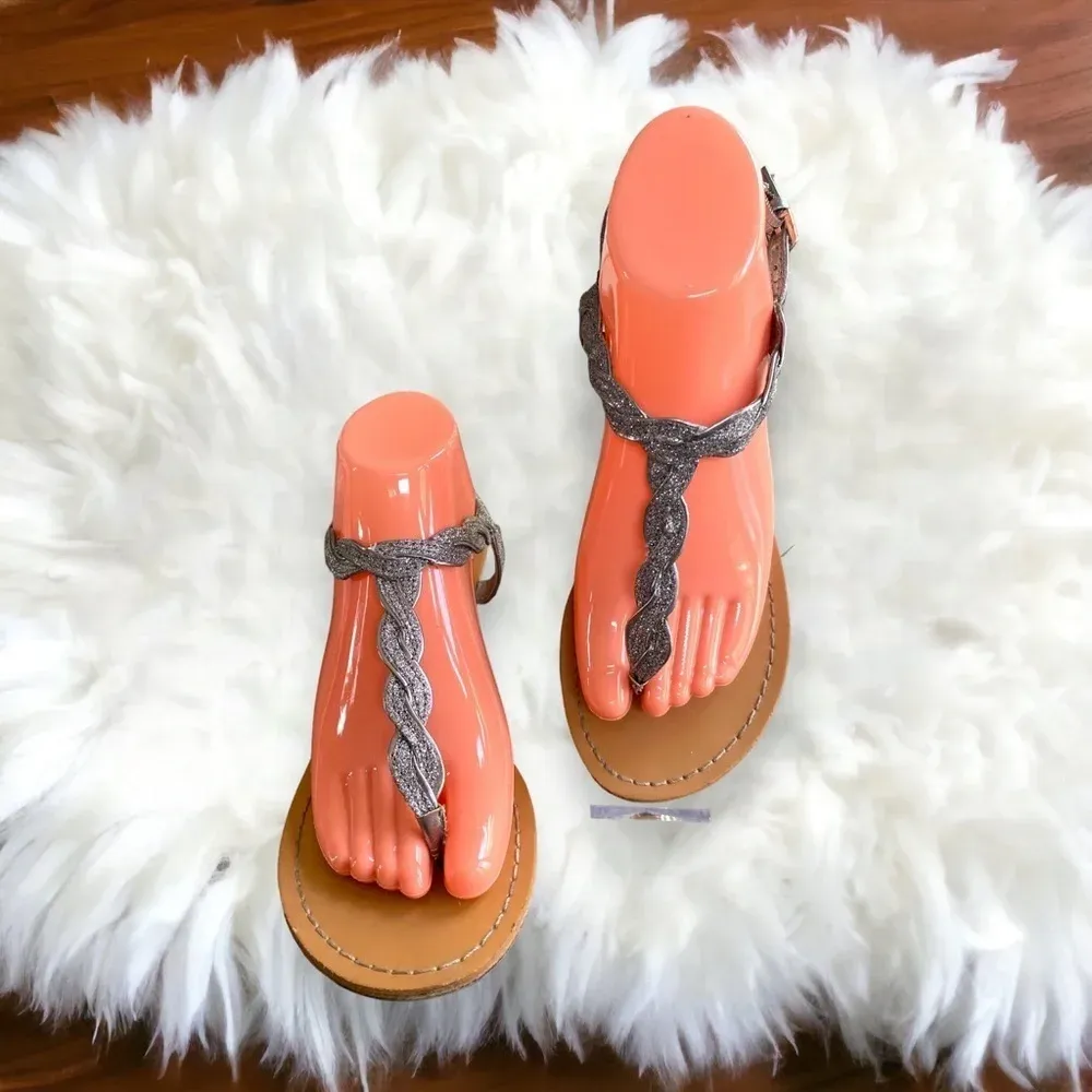 Womens Thong‎ Sandals Silver Braided Strap Ankle Buckle Comfort Casual - Image 5