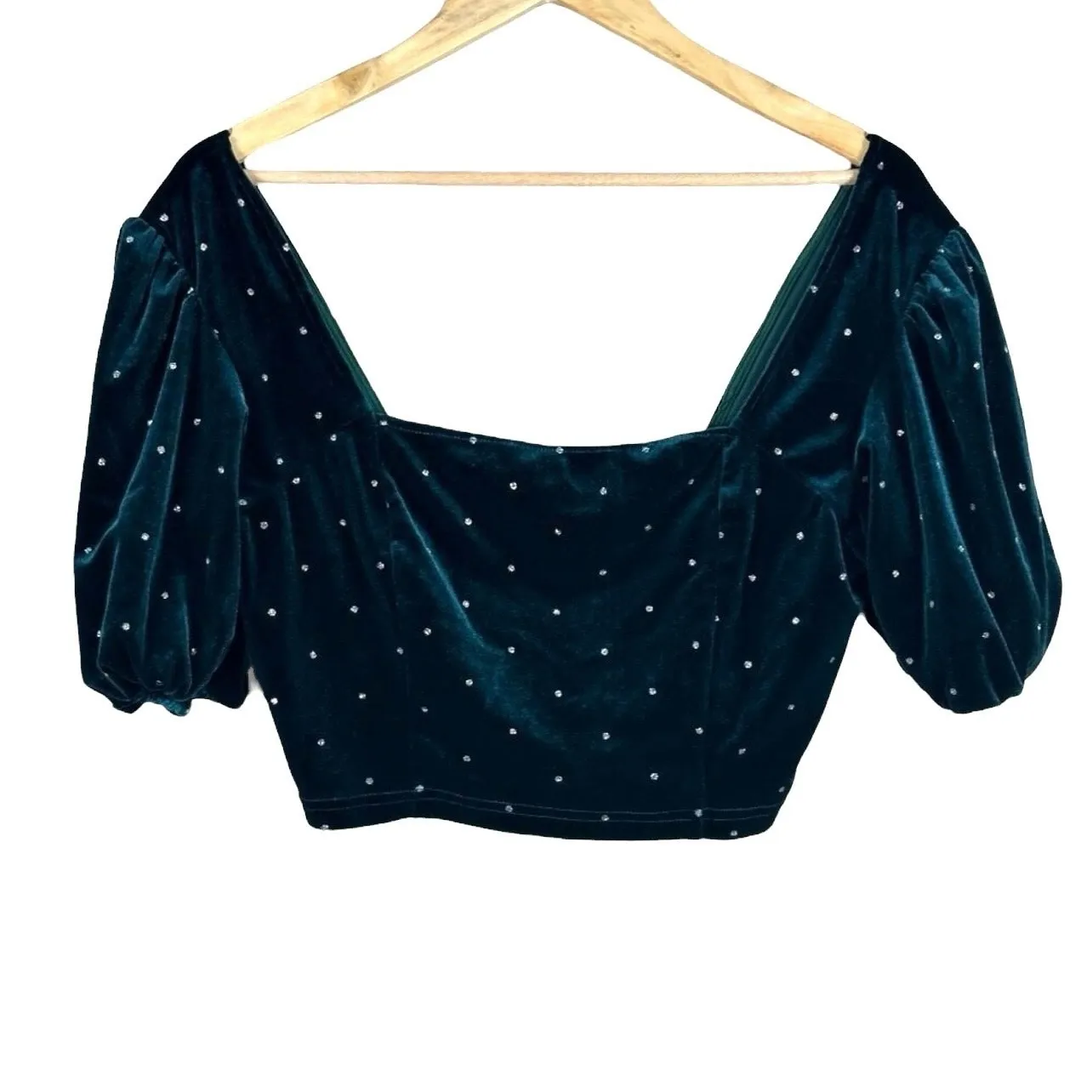 Cider Womens Coquette Velvet Polka Dot Crop Top Size L Green Romantic Fairy - Image 2