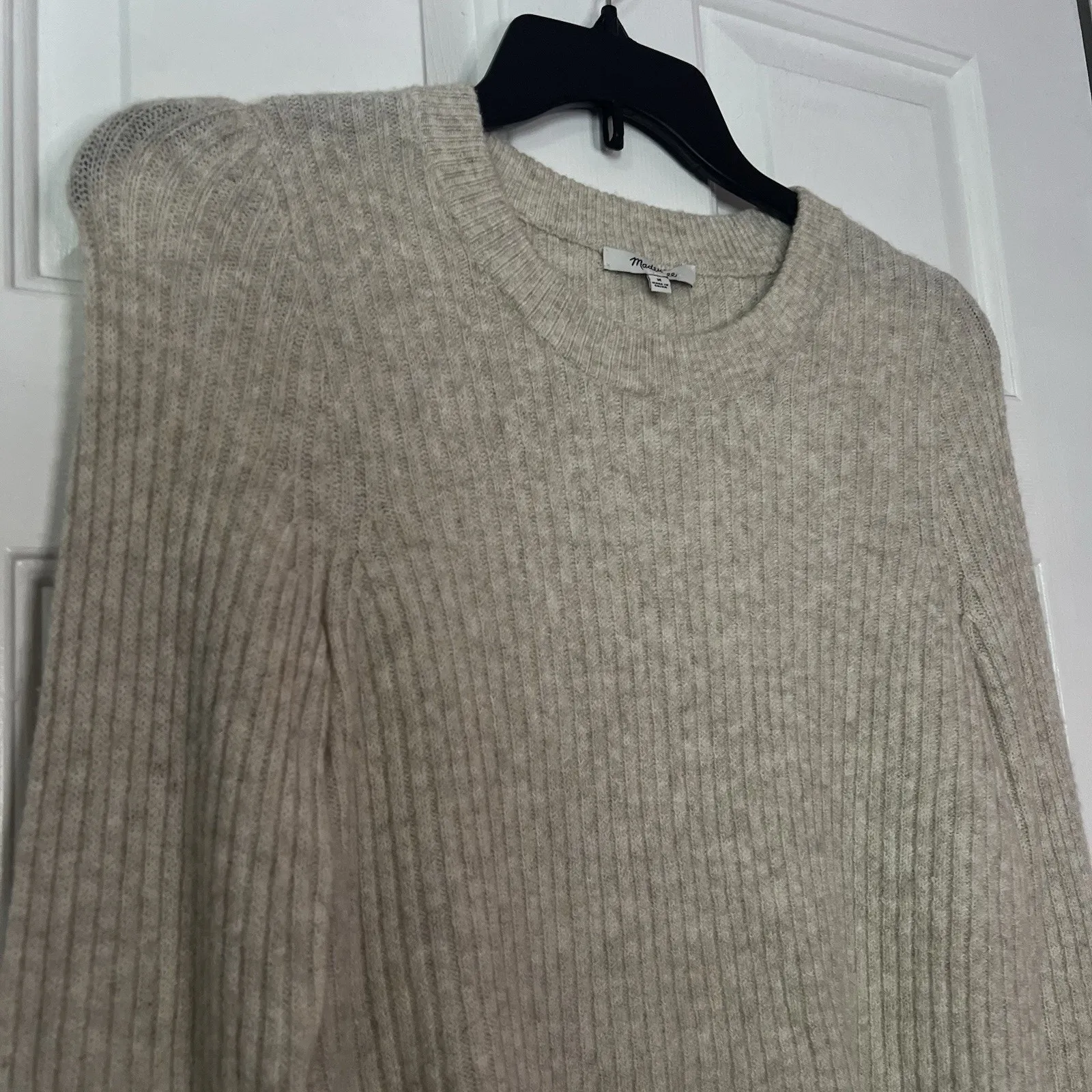 Madewell Textured Ribbed Knit Medium Heather Oak Ruffle Cuff Wool Blend Sweater - Image 2