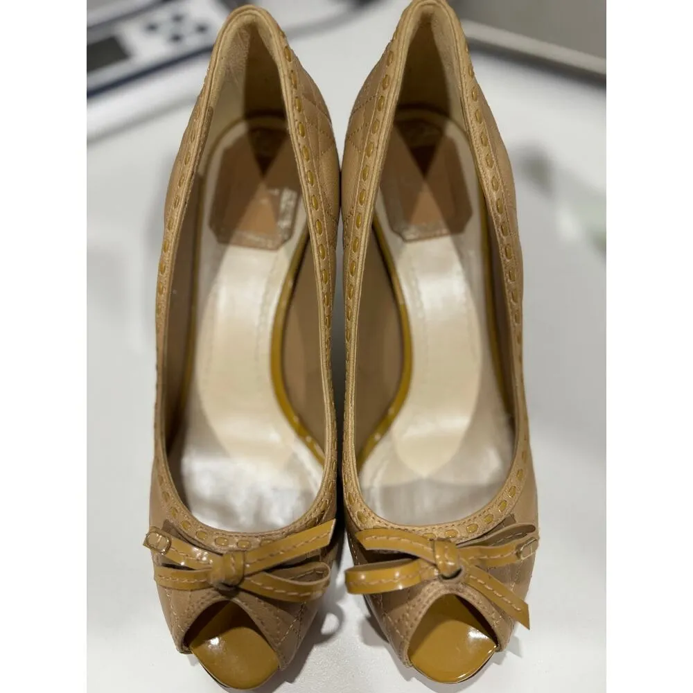 Dior Beige Cannage Leather Bow Detail Peep Toe Pumps - Image 6