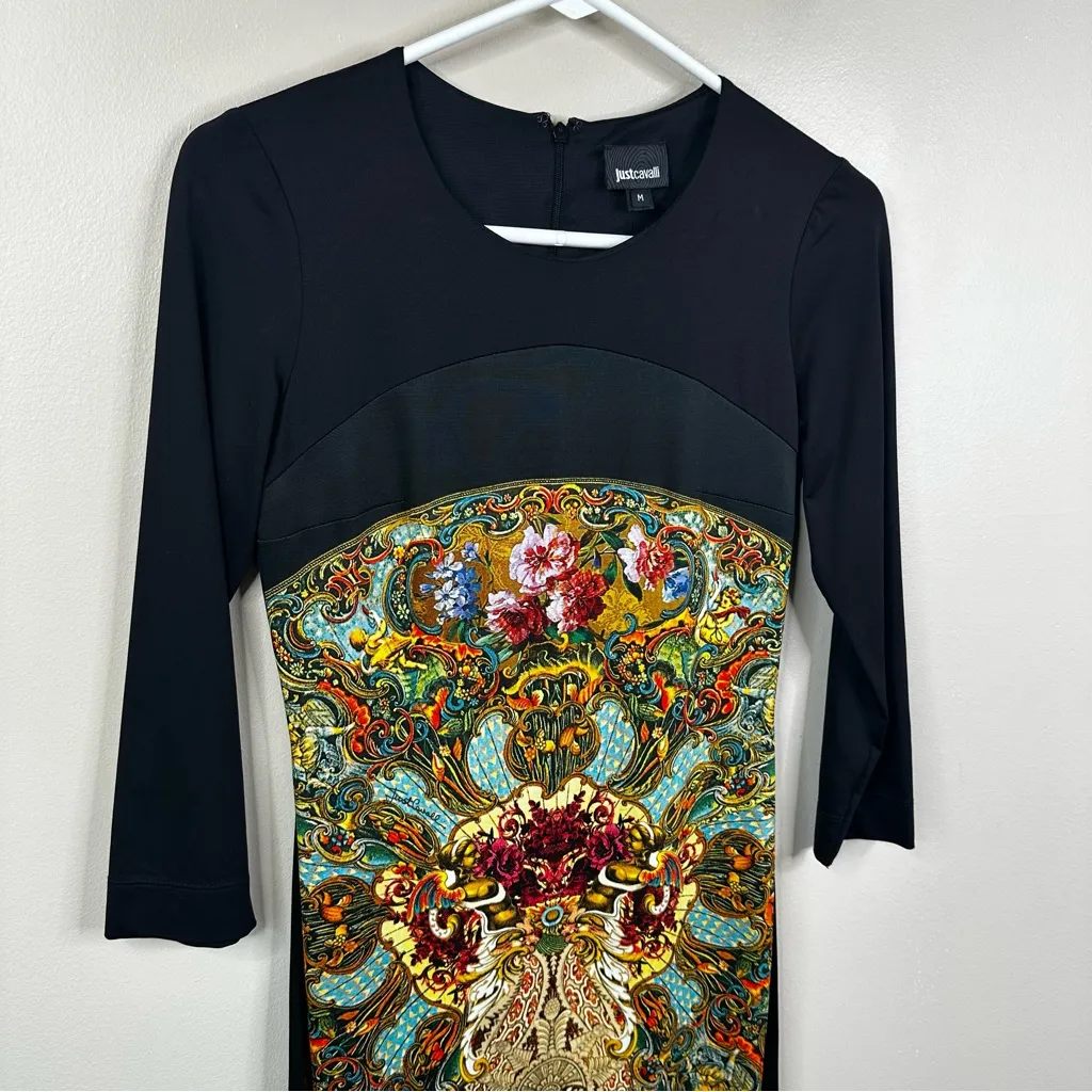 Just Cavalli Dress Womens M Black Printed Jersey Bodycon Art To Wear Y2K Artsy - Image 4