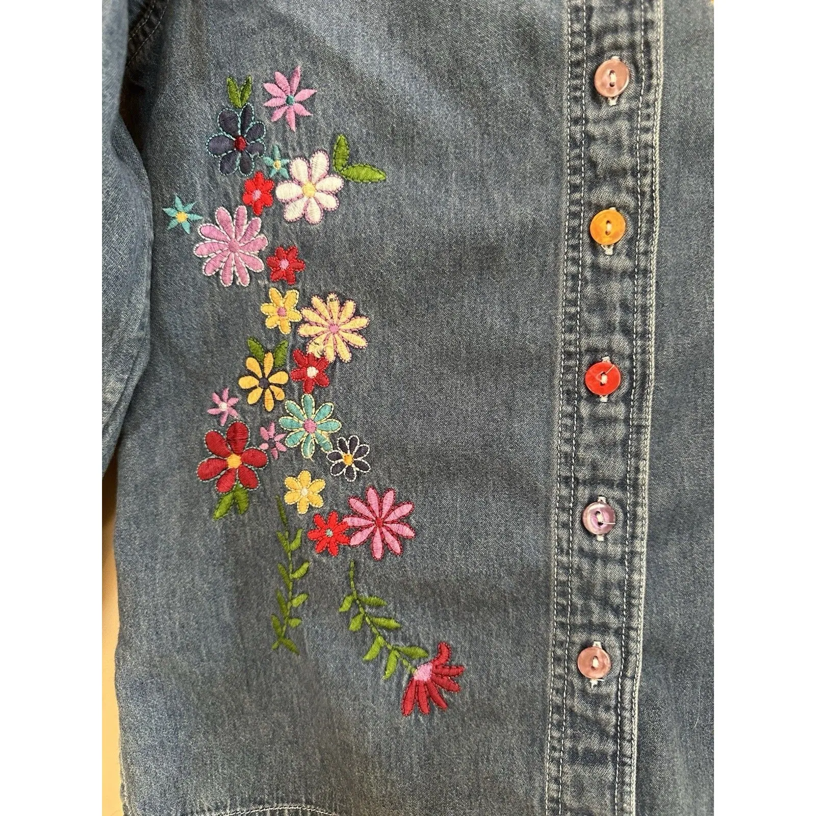 Vintage Silver Threads Boho Retro Embroidered Floral Denim Jacket Cotton Size S Blue - Image 2