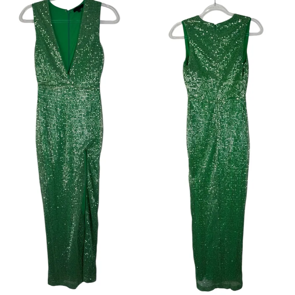 H:OURS REVOLVE Mahlia Maxi Dress in‎ Green Sequined Deep V-Neck Slit Party XS - Image 3