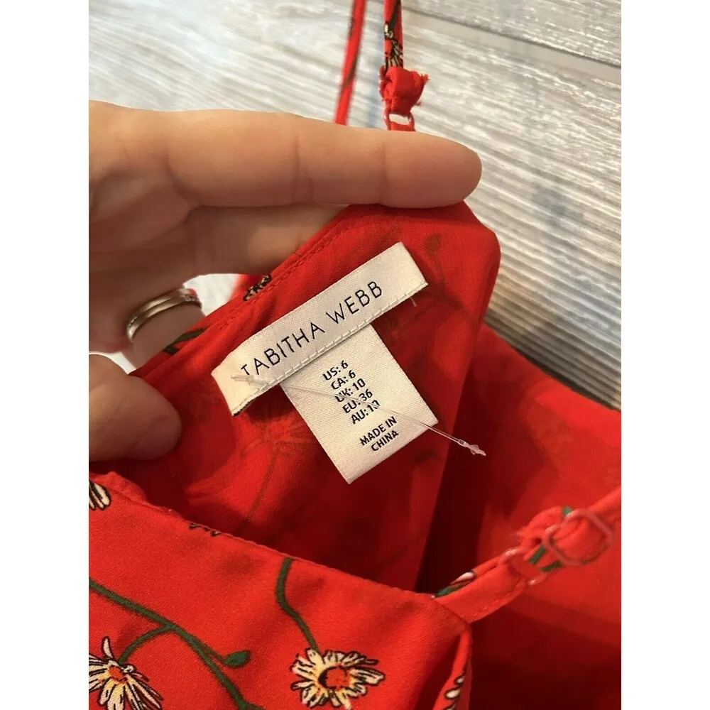 Tabitha Webb Flowered Dress Size 6 Red White Black Floral Lined Spaghetti Straps - Image 4