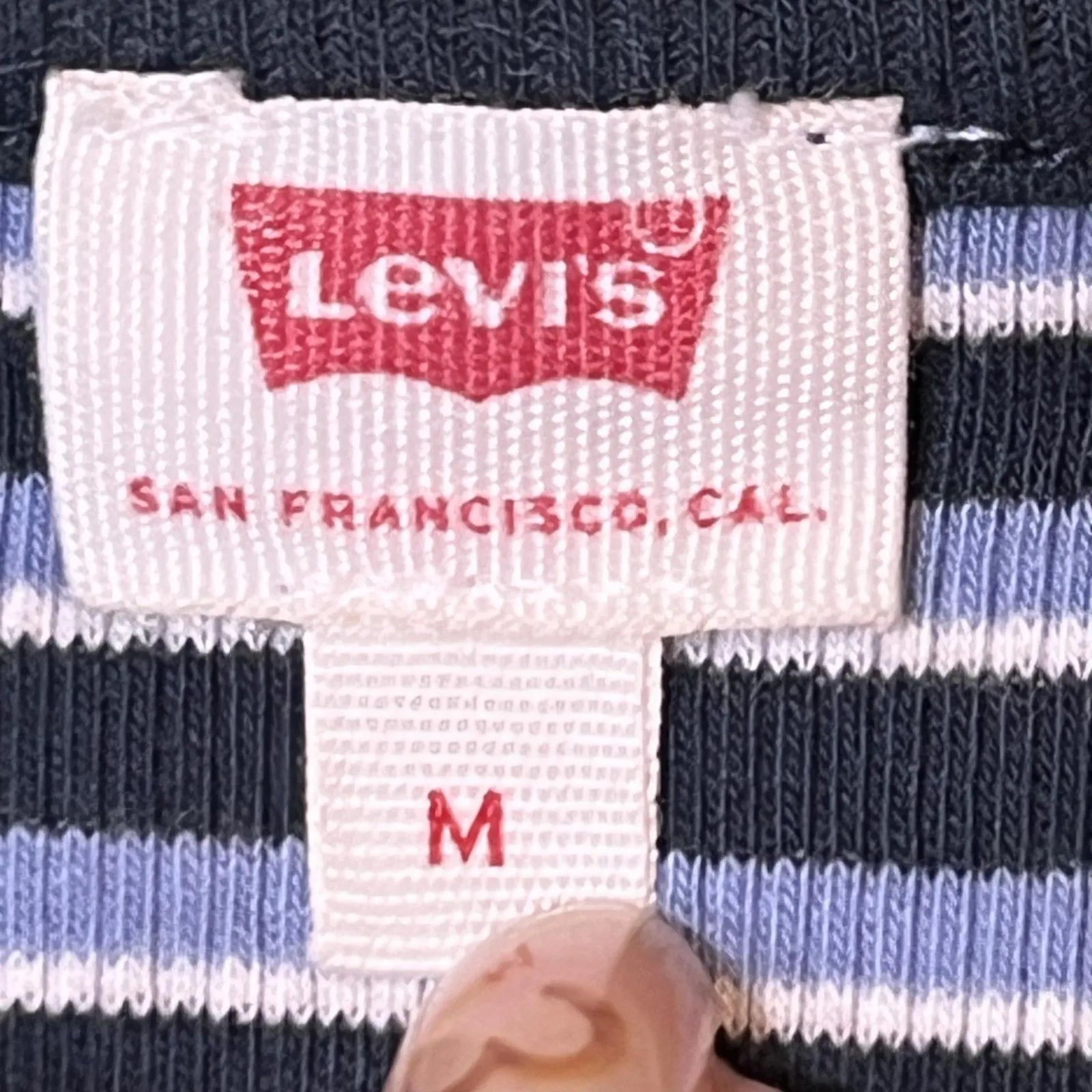 Levis Shirt Womens Medium Blue White Striped Ribbed Logo Crewneck Tee T-Shirt - Image 7