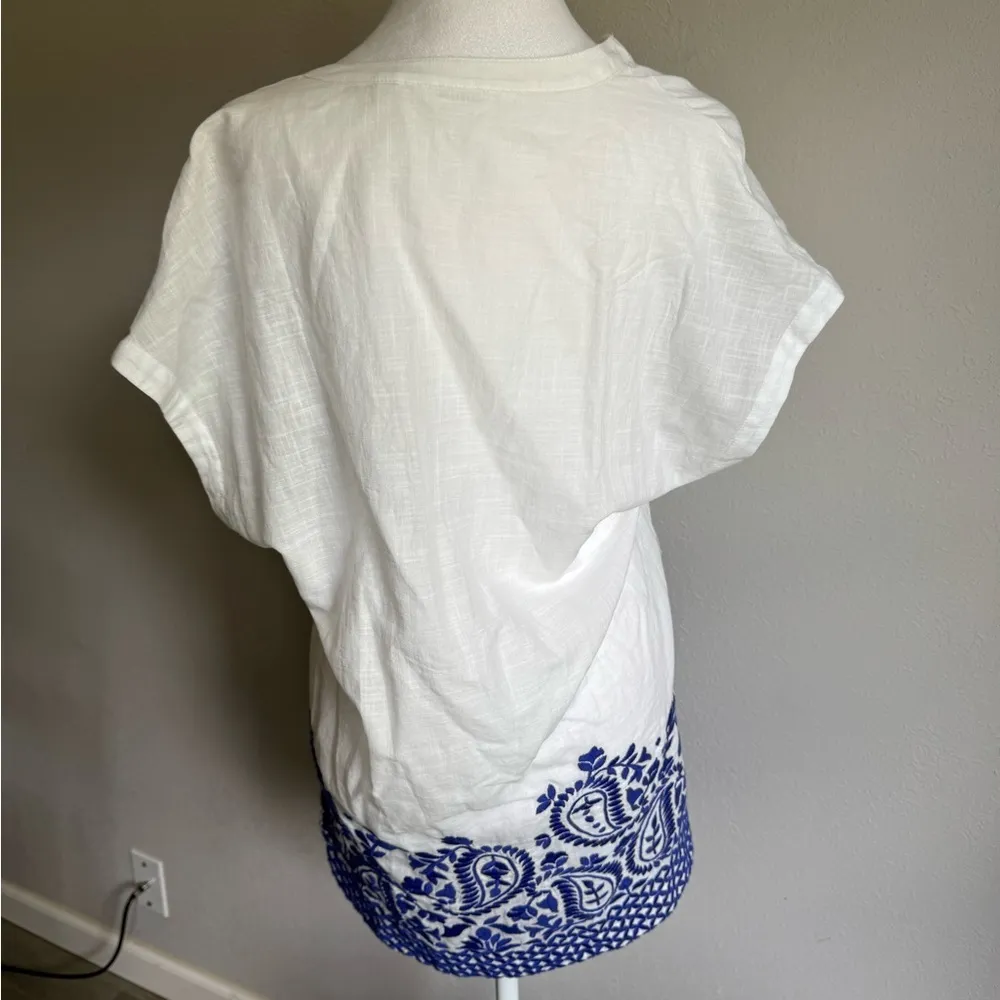 Athleta White Blue Embroidered V-Neck Cotton Swim Cover Womens XXS Oversized - Image 5