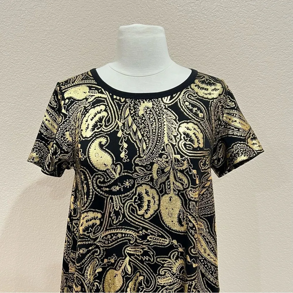 LuLaRoe Carly Gold Paisley Black Elegant High Low Short Sleeve Dress XS - Image 5