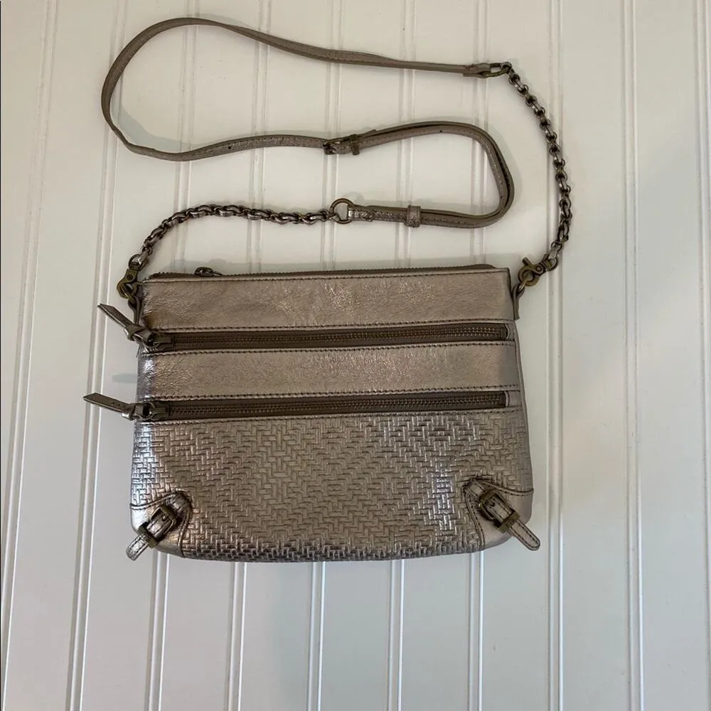 Elliot Lucca Messina silver metallic pewter leather 3 zip crossbody bag purse - Image 2