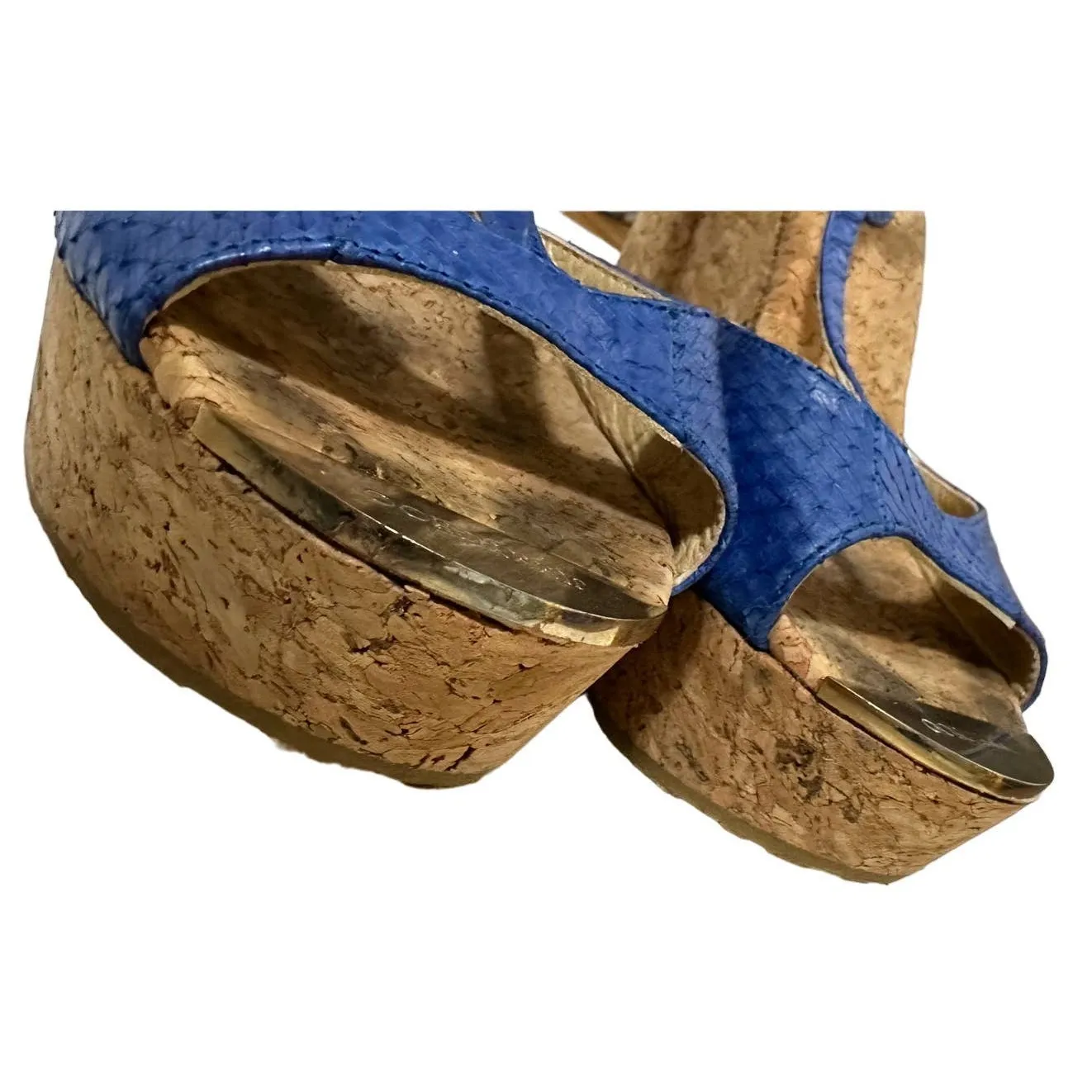 Jimmy Choo Women's Pela Blue Python Leather‎ Cork Wedge Sandals size 38 - Image 9