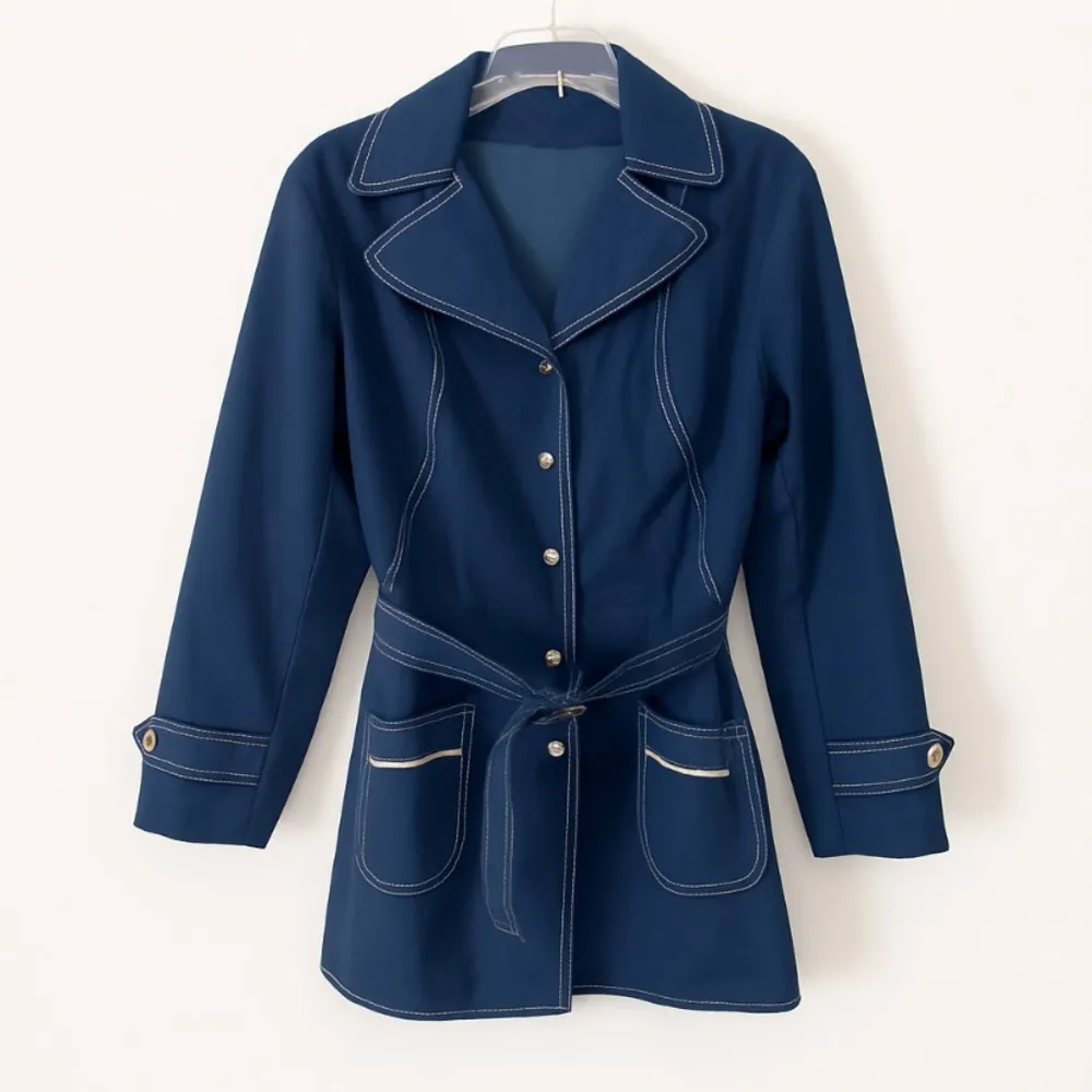 Vintage 60’s/70’s Navy Trench Coat with White Accents Parisian Chic Old Money Blue Size undefined - Image 2