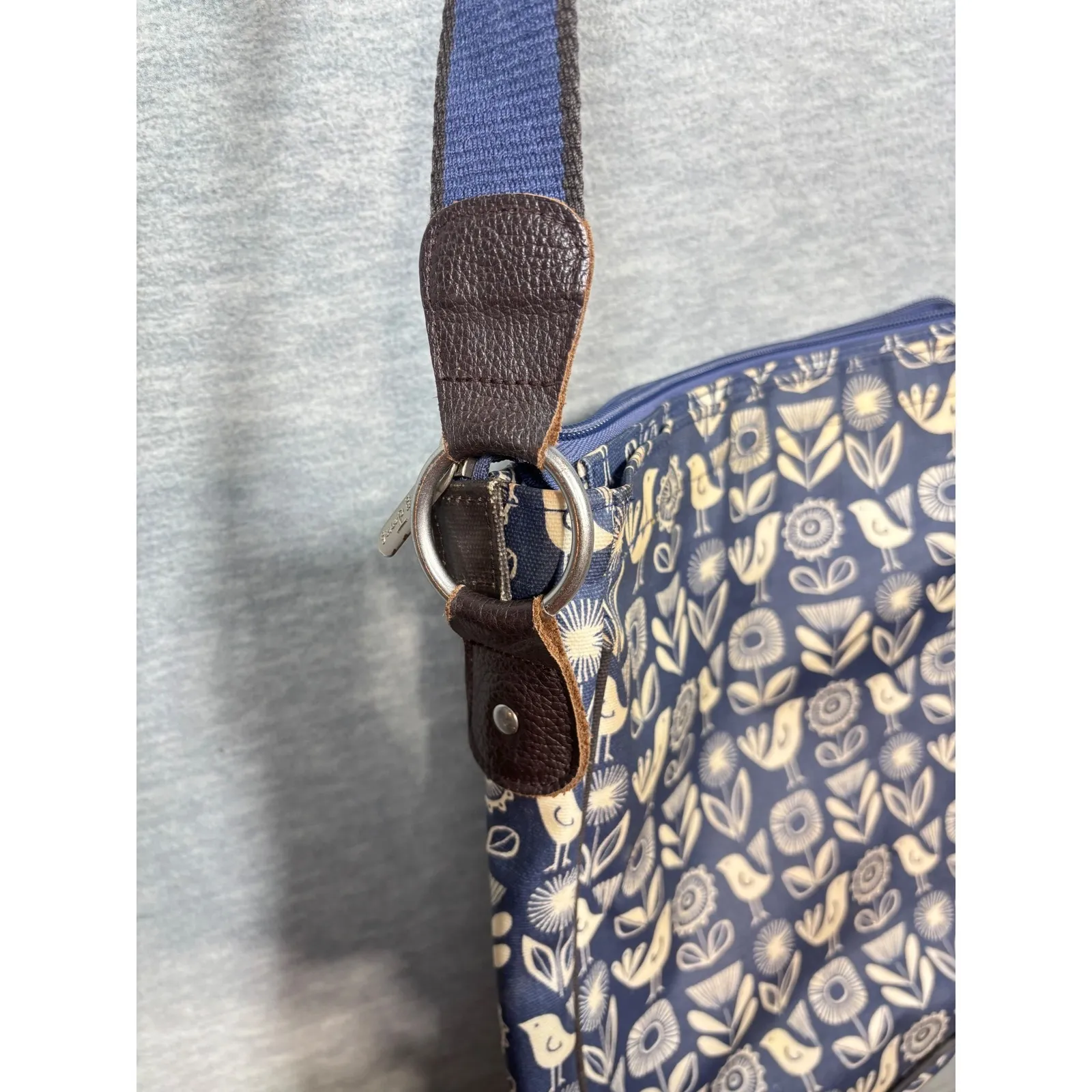 Nicky James Blue Cream Bird Floral Print Crossbody Bag Purse Laminated Canvas - Image 7