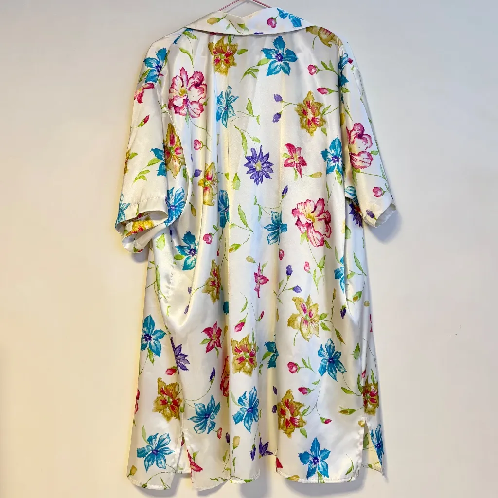 NY & Co Silky Satin Short Sleeve Lounge Robe House Dress White Multi Floral XL - Image 3