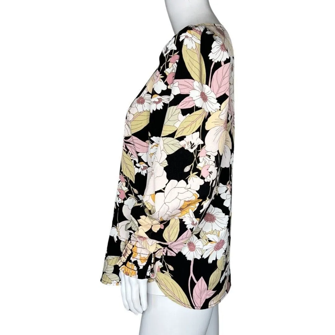 Pleione Shirt Women Small Black White Floral Blouse Puff Sleeve Flower Bohemian‎ - Image 3