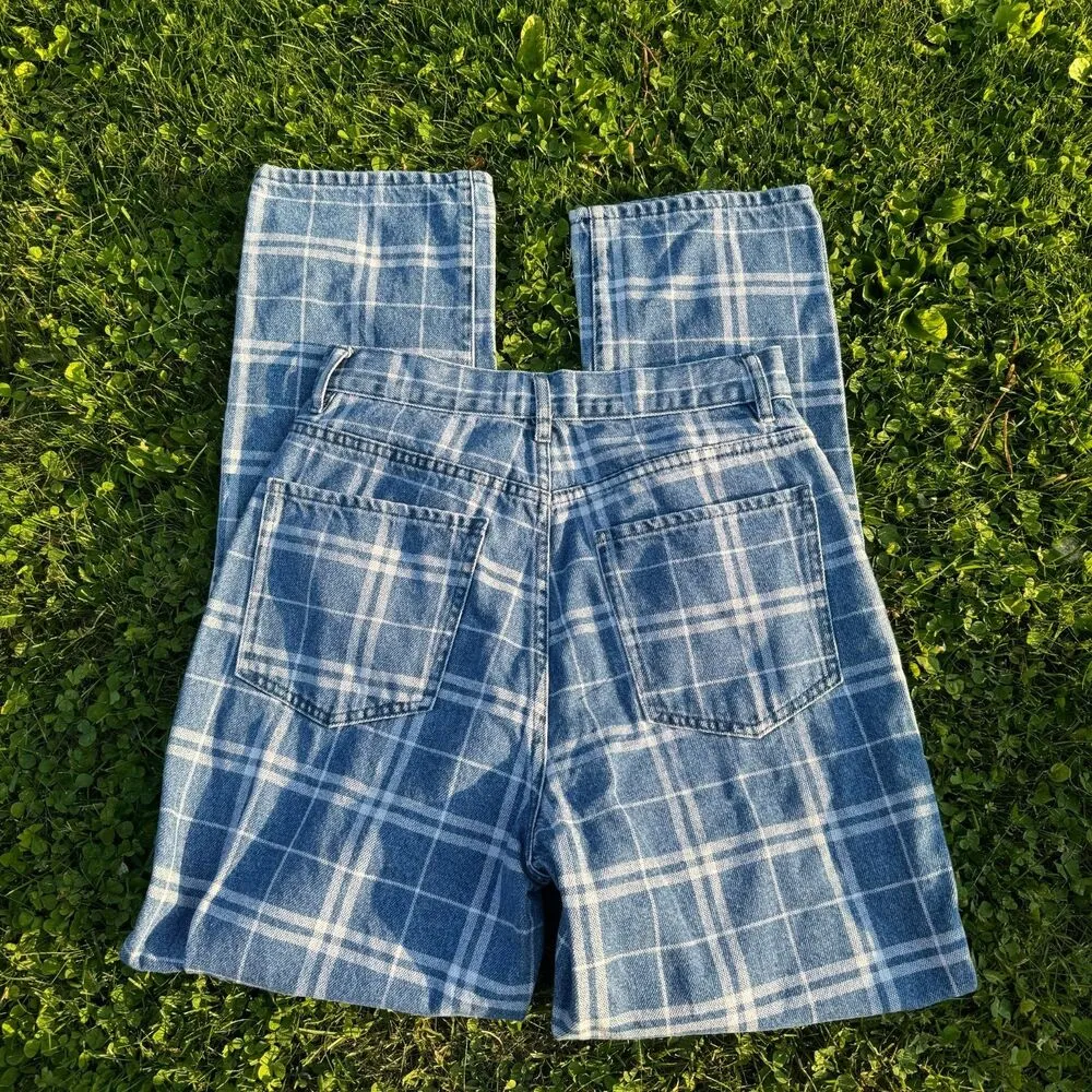 PACSUN Dad Jeans SZ 27 Womens High Rise Straight Plaid Button Fly Blue Raw Hem - Image 6