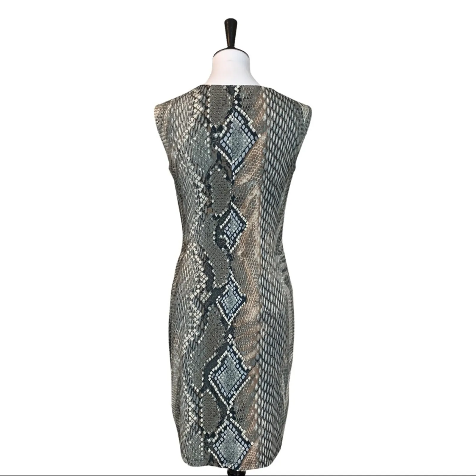 Dressbarn Sheath Dress Drape Cowl Neck Gray Tan Snake Print Women's Size 4 - Image 4