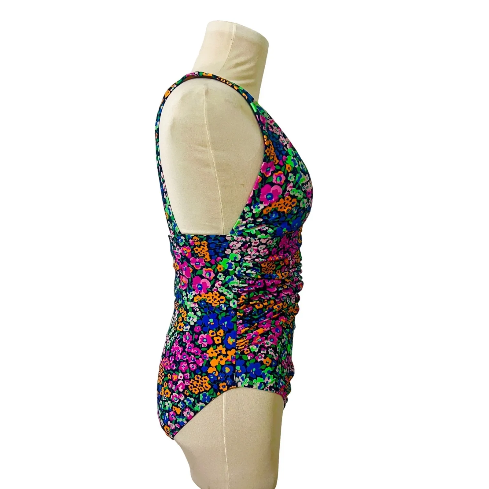 J Crew One Piece Swimsuit Floral Print Deep V Neck Ruched Women's Size M Beach Blue Size M - Image 3