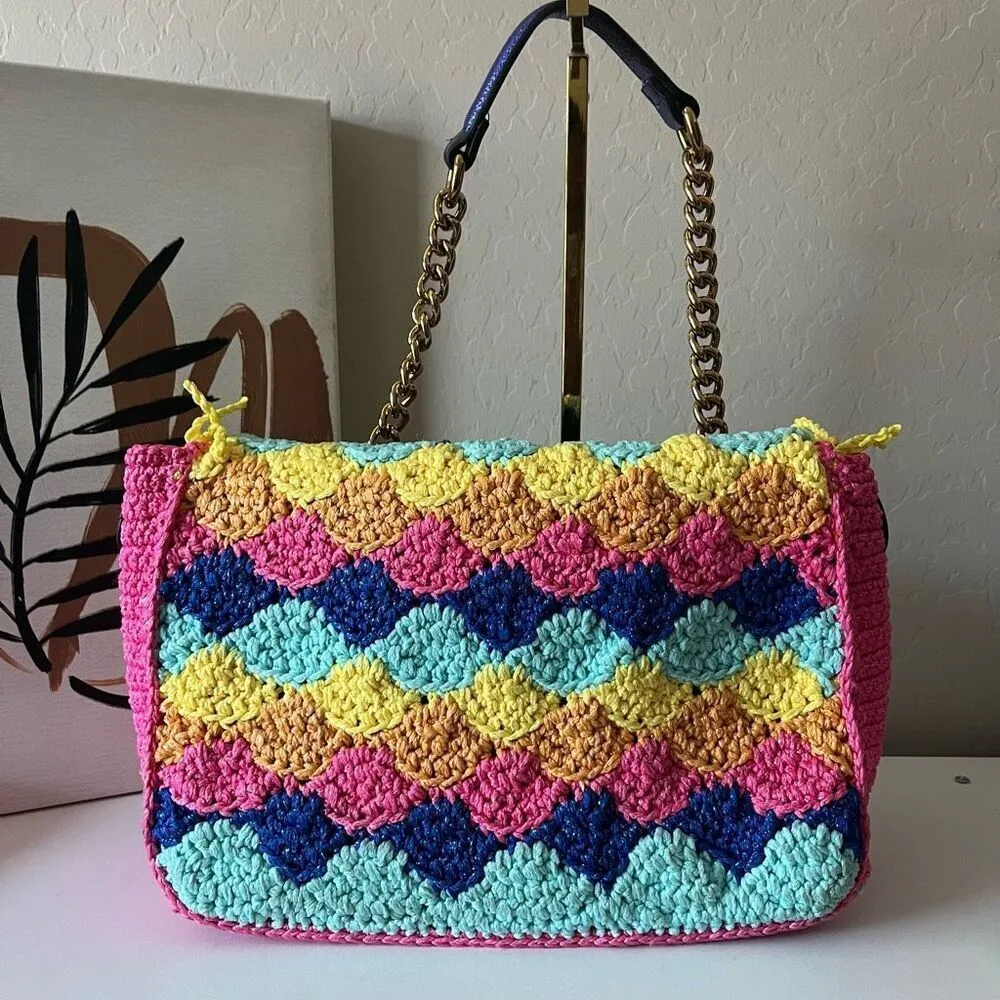 Kurt Geiger Kensington Rainbow Multicolor Crochet Knit Fringe Shoulder Bag Purse - Image 8