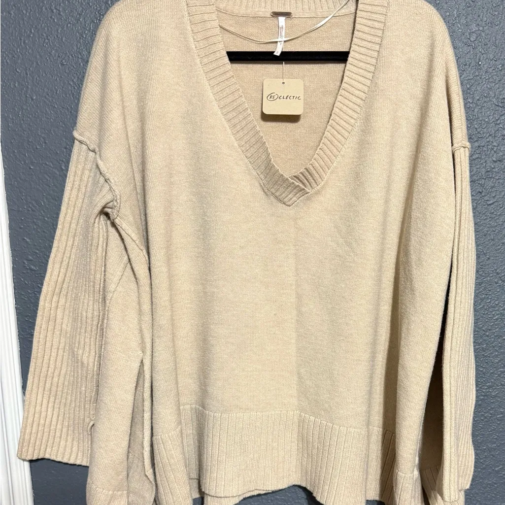 Free People Beige V-Neck Sweater - Image 4