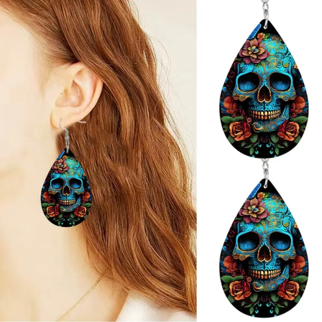 Gorgeous Blue Skull with Flower Print Teardrop Dangle Halloween Earrings Gothic‎ - Image 3
