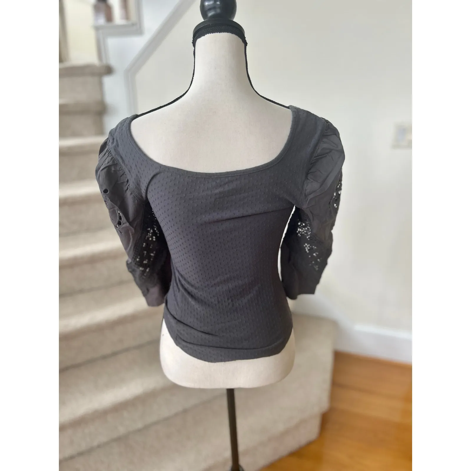 Free People Grey Crochet Lace Long Sleeve Scoop Neck Henley Top - Image 2