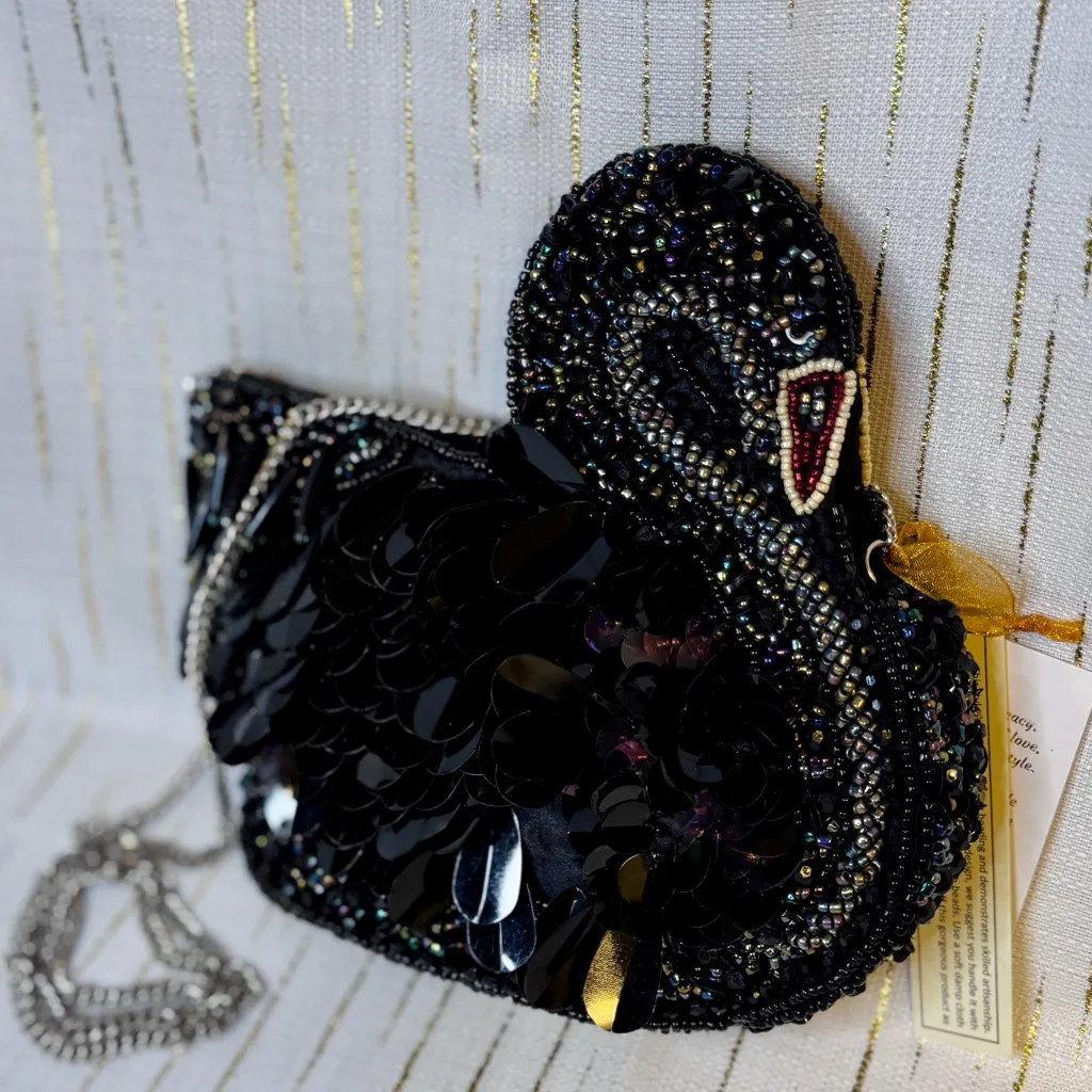 Black Swan Beaded Mini Bag w/ Chain Strap | Sequin Evening Purse - Image 6