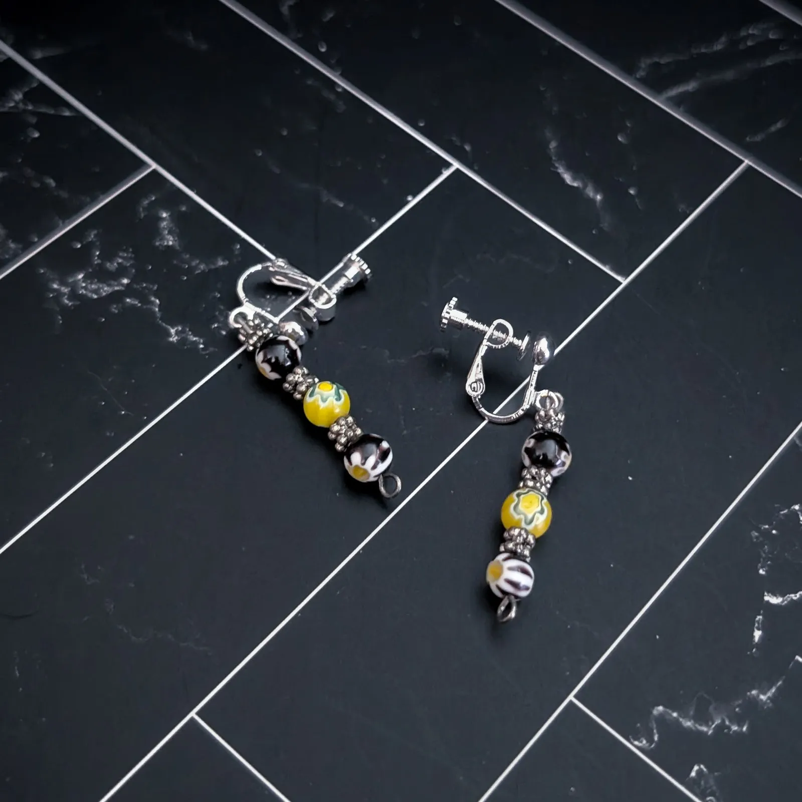 Vintage Clip On Earrings Yellow & Black Millefiori Glass Dangle Earrings - Image 2