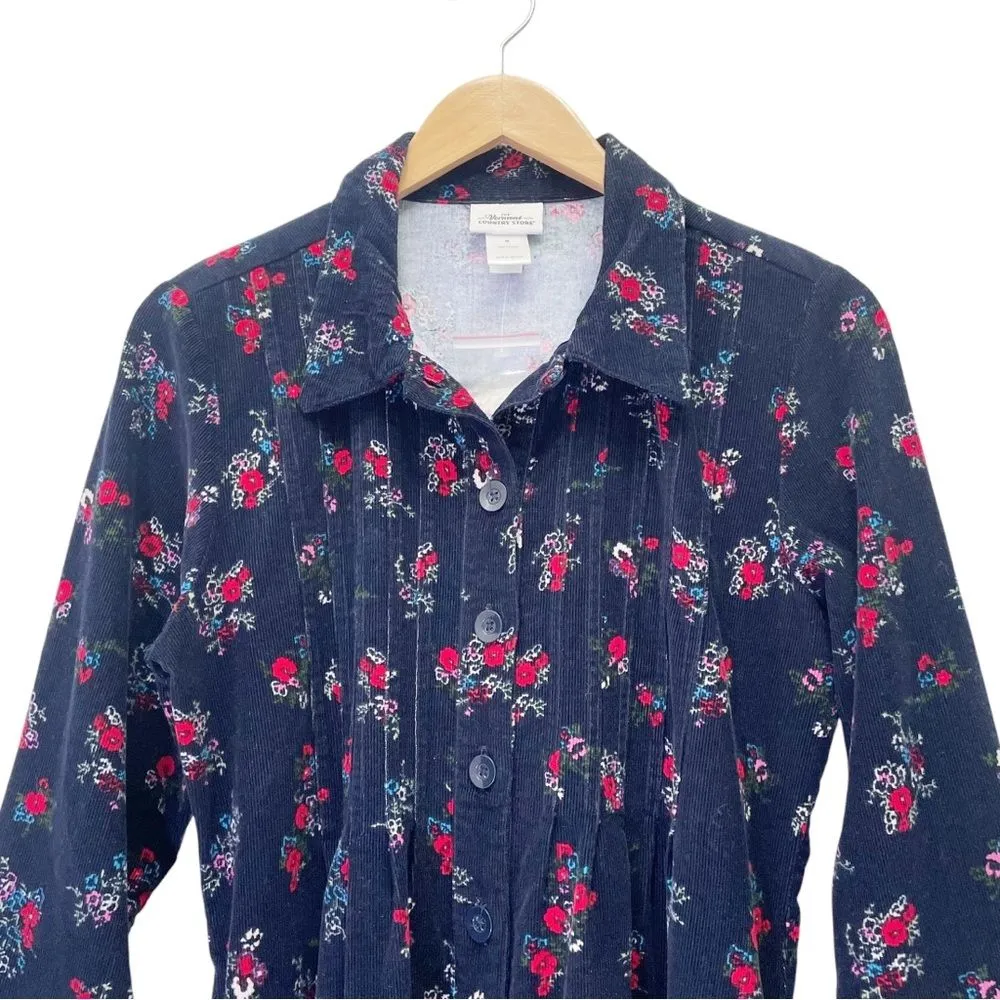 Vermont Country Store Pintuck Cotton Corduroy Dress Navy Blue Floral Size Medium - Image 10